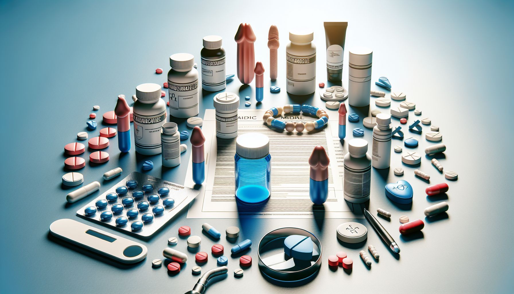 Modern bedroom with designer decor, stylish furniture, and a subtle hint of a prescription bottle, symbolizing ED pills blending into daily life